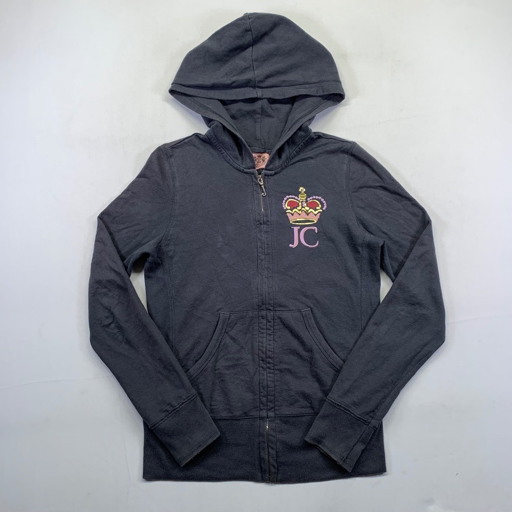 Juicy Couture Womens Hoodie Medium Gray Crown Graphic‎ Embroidered Zip Up Y2k